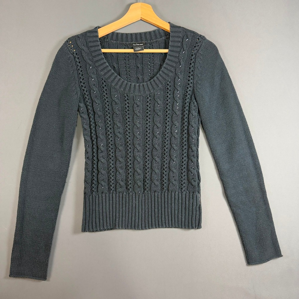 Calvin Klein Jeans Womens Medium Cable Knit Sweater Heather Charcoal Long Sleeve
